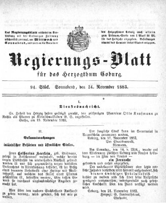 Regierungs-Blatt für das Herzogtum Coburg (Coburger Regierungs-Blatt) Samstag 24. November 1883