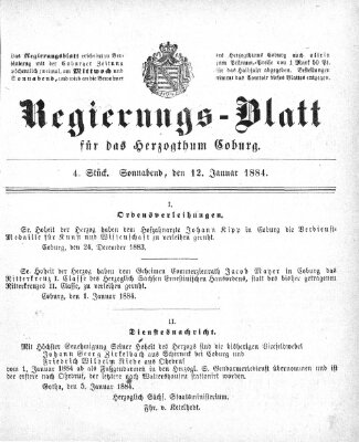 Regierungs-Blatt für das Herzogtum Coburg (Coburger Regierungs-Blatt) Samstag 12. Januar 1884