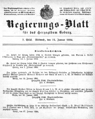 Regierungs-Blatt für das Herzogtum Coburg (Coburger Regierungs-Blatt) Mittwoch 23. Januar 1884