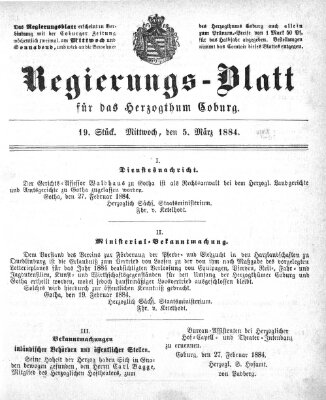 Regierungs-Blatt für das Herzogtum Coburg (Coburger Regierungs-Blatt) Mittwoch 5. März 1884