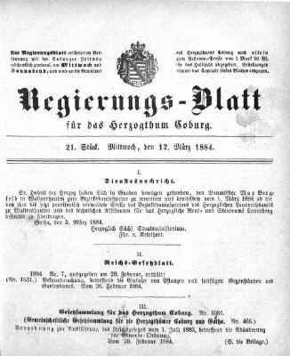 Regierungs-Blatt für das Herzogtum Coburg (Coburger Regierungs-Blatt) Mittwoch 12. März 1884