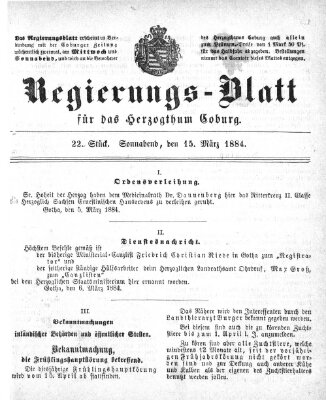 Regierungs-Blatt für das Herzogtum Coburg (Coburger Regierungs-Blatt) Samstag 15. März 1884