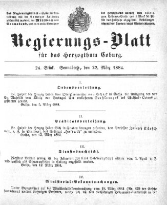 Regierungs-Blatt für das Herzogtum Coburg (Coburger Regierungs-Blatt) Samstag 22. März 1884