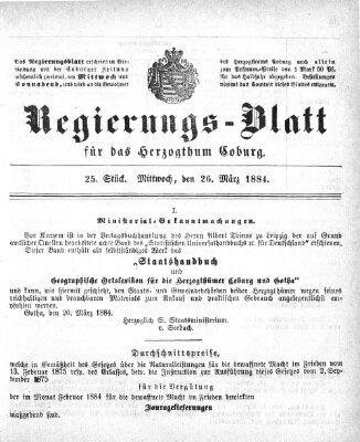 Regierungs-Blatt für das Herzogtum Coburg (Coburger Regierungs-Blatt) Mittwoch 26. März 1884