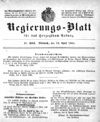 Regierungs-Blatt für das Herzogtum Coburg (Coburger Regierungs-Blatt) Mittwoch 16. April 1884