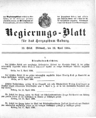 Regierungs-Blatt für das Herzogtum Coburg (Coburger Regierungs-Blatt) Mittwoch 23. April 1884