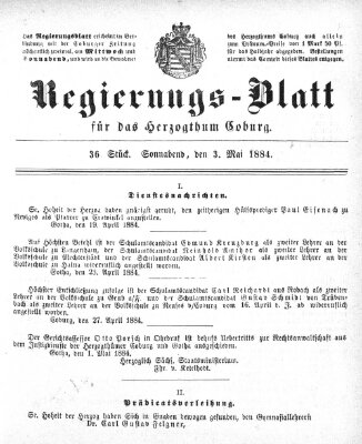 Regierungs-Blatt für das Herzogtum Coburg (Coburger Regierungs-Blatt) Samstag 3. Mai 1884