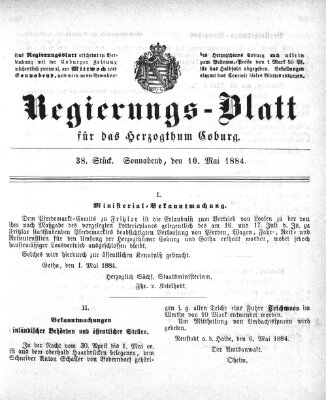 Regierungs-Blatt für das Herzogtum Coburg (Coburger Regierungs-Blatt) Samstag 10. Mai 1884