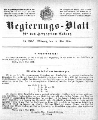 Regierungs-Blatt für das Herzogtum Coburg (Coburger Regierungs-Blatt) Mittwoch 14. Mai 1884