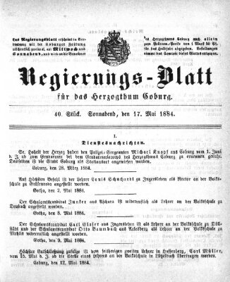 Regierungs-Blatt für das Herzogtum Coburg (Coburger Regierungs-Blatt) Samstag 17. Mai 1884