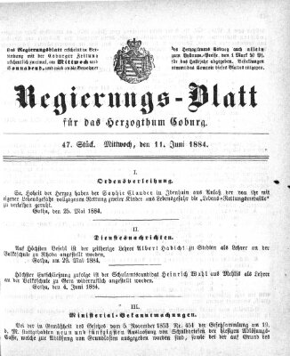 Regierungs-Blatt für das Herzogtum Coburg (Coburger Regierungs-Blatt) Mittwoch 11. Juni 1884