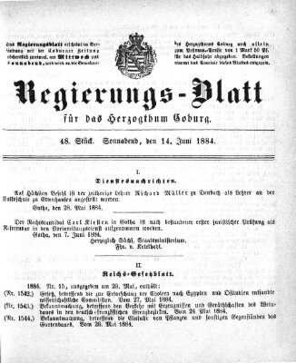 Regierungs-Blatt für das Herzogtum Coburg (Coburger Regierungs-Blatt) Samstag 14. Juni 1884