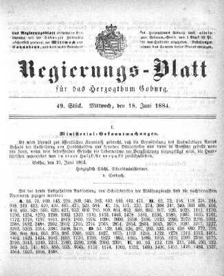 Regierungs-Blatt für das Herzogtum Coburg (Coburger Regierungs-Blatt) Mittwoch 18. Juni 1884