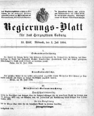 Regierungs-Blatt für das Herzogtum Coburg (Coburger Regierungs-Blatt) Mittwoch 2. Juli 1884