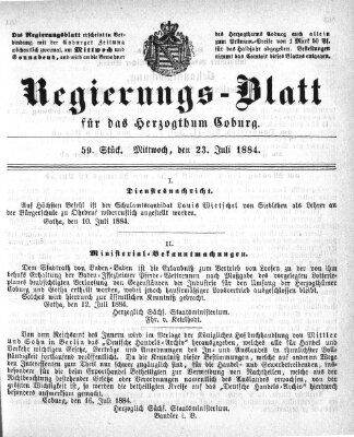 Regierungs-Blatt für das Herzogtum Coburg (Coburger Regierungs-Blatt) Mittwoch 23. Juli 1884