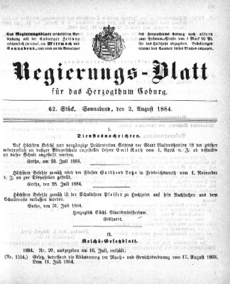 Regierungs-Blatt für das Herzogtum Coburg (Coburger Regierungs-Blatt) Samstag 2. August 1884