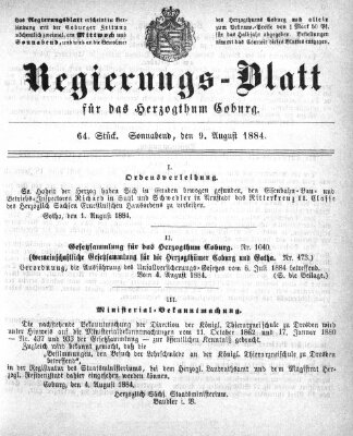 Regierungs-Blatt für das Herzogtum Coburg (Coburger Regierungs-Blatt) Samstag 9. August 1884