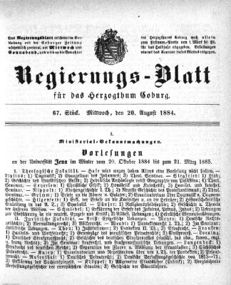 Regierungs-Blatt für das Herzogtum Coburg (Coburger Regierungs-Blatt) Mittwoch 20. August 1884