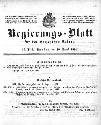 Regierungs-Blatt für das Herzogtum Coburg (Coburger Regierungs-Blatt) Samstag 30. August 1884