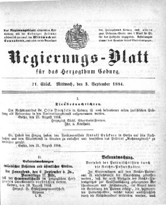 Regierungs-Blatt für das Herzogtum Coburg (Coburger Regierungs-Blatt) Mittwoch 3. September 1884