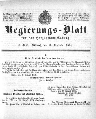 Regierungs-Blatt für das Herzogtum Coburg (Coburger Regierungs-Blatt) Mittwoch 10. September 1884