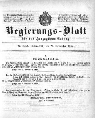 Regierungs-Blatt für das Herzogtum Coburg (Coburger Regierungs-Blatt) Samstag 20. September 1884