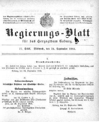 Regierungs-Blatt für das Herzogtum Coburg (Coburger Regierungs-Blatt) Mittwoch 24. September 1884