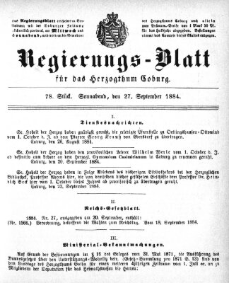 Regierungs-Blatt für das Herzogtum Coburg (Coburger Regierungs-Blatt) Samstag 27. September 1884