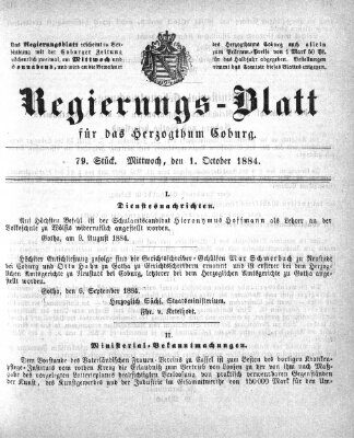 Regierungs-Blatt für das Herzogtum Coburg (Coburger Regierungs-Blatt) Mittwoch 1. Oktober 1884