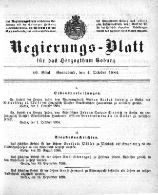 Regierungs-Blatt für das Herzogtum Coburg (Coburger Regierungs-Blatt) Samstag 4. Oktober 1884