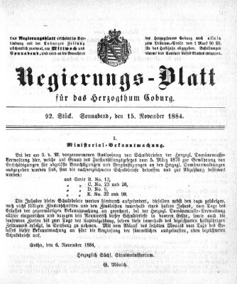 Regierungs-Blatt für das Herzogtum Coburg (Coburger Regierungs-Blatt) Samstag 15. November 1884