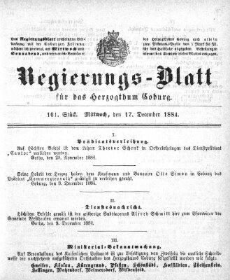 Regierungs-Blatt für das Herzogtum Coburg (Coburger Regierungs-Blatt) Mittwoch 17. Dezember 1884