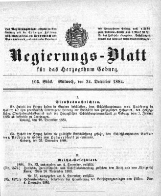 Regierungs-Blatt für das Herzogtum Coburg (Coburger Regierungs-Blatt) Mittwoch 24. Dezember 1884