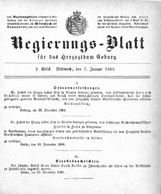 Regierungs-Blatt für das Herzogtum Coburg (Coburger Regierungs-Blatt) Mittwoch 7. Januar 1885