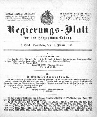 Regierungs-Blatt für das Herzogtum Coburg (Coburger Regierungs-Blatt) Samstag 10. Januar 1885