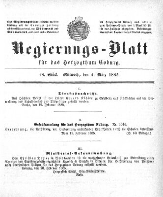 Regierungs-Blatt für das Herzogtum Coburg (Coburger Regierungs-Blatt) Mittwoch 4. März 1885