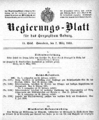 Regierungs-Blatt für das Herzogtum Coburg (Coburger Regierungs-Blatt) Samstag 7. März 1885