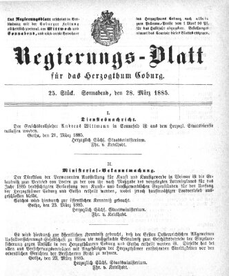 Regierungs-Blatt für das Herzogtum Coburg (Coburger Regierungs-Blatt) Samstag 28. März 1885