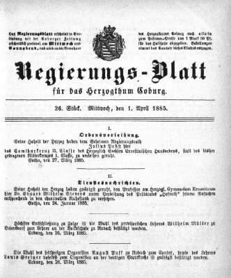 Regierungs-Blatt für das Herzogtum Coburg (Coburger Regierungs-Blatt) Mittwoch 1. April 1885