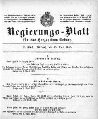 Regierungs-Blatt für das Herzogtum Coburg (Coburger Regierungs-Blatt) Mittwoch 15. April 1885