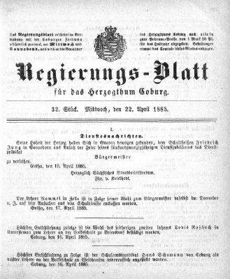 Regierungs-Blatt für das Herzogtum Coburg (Coburger Regierungs-Blatt) Mittwoch 22. April 1885