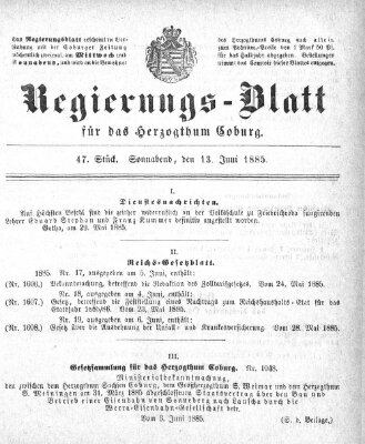 Regierungs-Blatt für das Herzogtum Coburg (Coburger Regierungs-Blatt) Samstag 13. Juni 1885