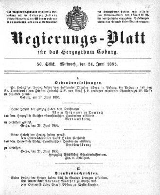 Regierungs-Blatt für das Herzogtum Coburg (Coburger Regierungs-Blatt) Mittwoch 24. Juni 1885