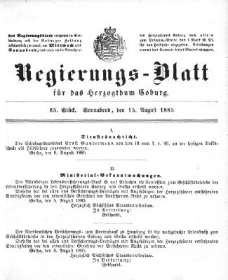 Regierungs-Blatt für das Herzogtum Coburg (Coburger Regierungs-Blatt) Samstag 15. August 1885