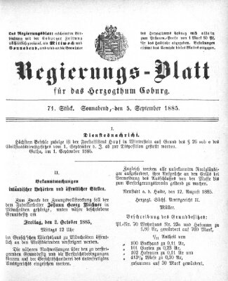 Regierungs-Blatt für das Herzogtum Coburg (Coburger Regierungs-Blatt) Samstag 5. September 1885