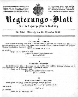 Regierungs-Blatt für das Herzogtum Coburg (Coburger Regierungs-Blatt) Mittwoch 16. September 1885