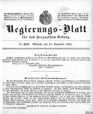 Regierungs-Blatt für das Herzogtum Coburg (Coburger Regierungs-Blatt) Mittwoch 23. September 1885