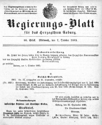 Regierungs-Blatt für das Herzogtum Coburg (Coburger Regierungs-Blatt) Mittwoch 7. Oktober 1885