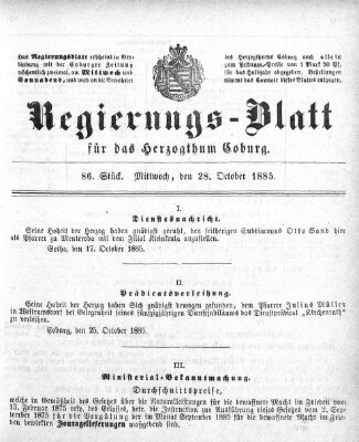 Regierungs-Blatt für das Herzogtum Coburg (Coburger Regierungs-Blatt) Mittwoch 28. Oktober 1885