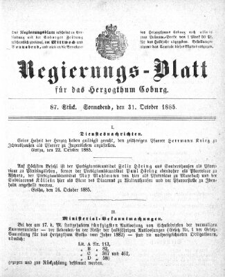 Regierungs-Blatt für das Herzogtum Coburg (Coburger Regierungs-Blatt) Samstag 31. Oktober 1885